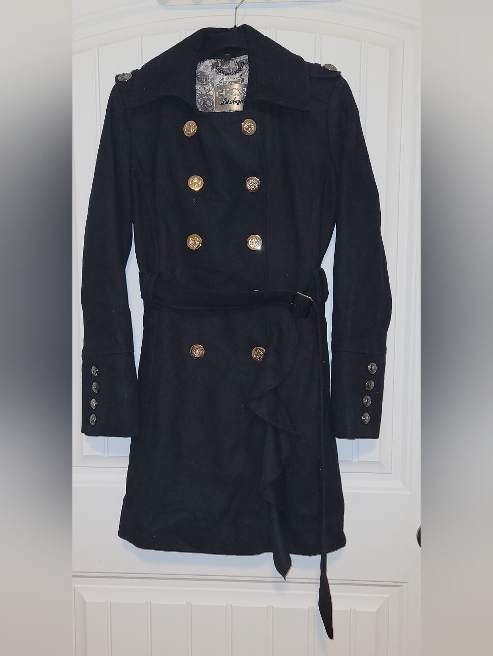 Guess Black Double-Breasted Belted Pea Coat